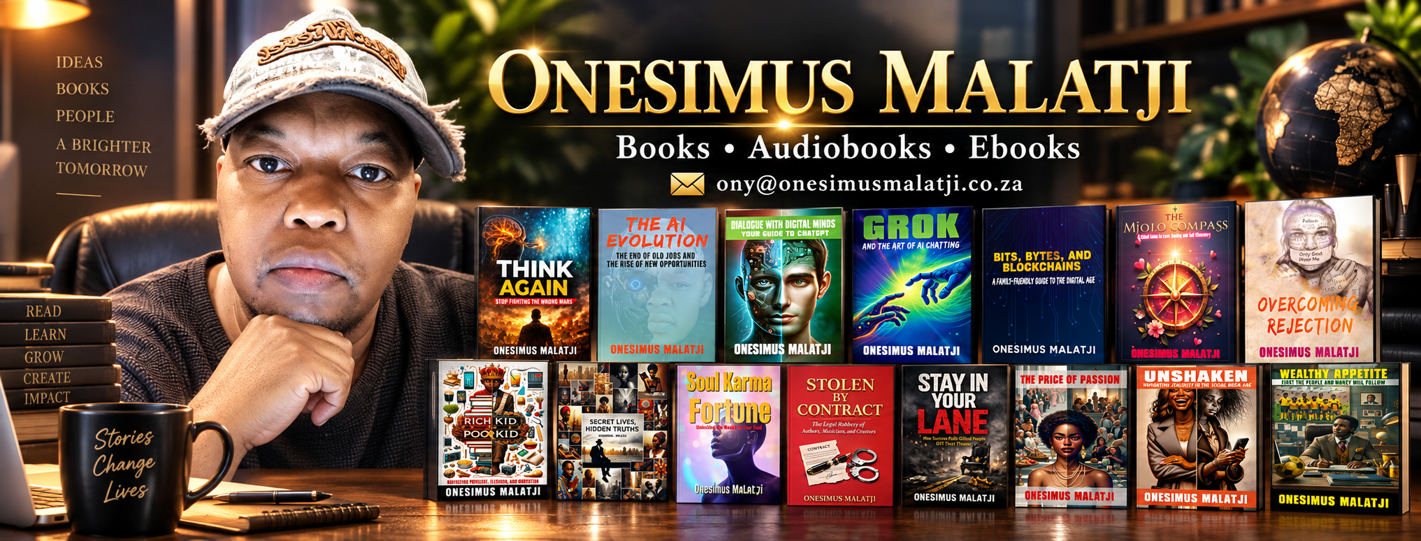 Onesimus Malatji portrait with individual published book covers